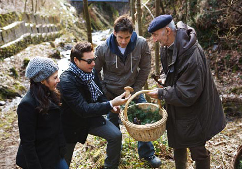 Tomei, DiSpirito and Cortese gather mushrooms with an expert in a forest in Tuscany. (Photo © Lisa Leone)