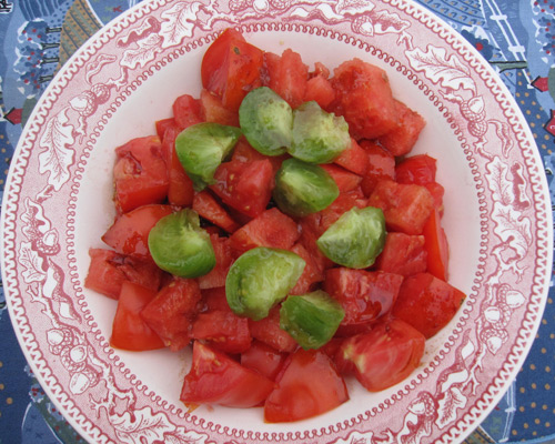 Watermelon and Tomato Salad (that's a Green Zebra Stripe on top). Feta would have added a nice zest to this salad. Next time.
