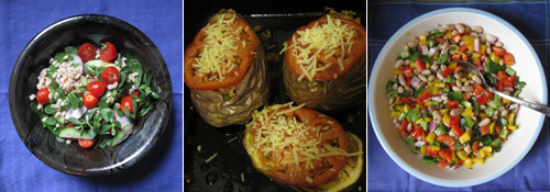 Meatless or Less Meat—(from left) Farro Salad, Stuffed Turkish Eggplant, Beans and Peppers Salad